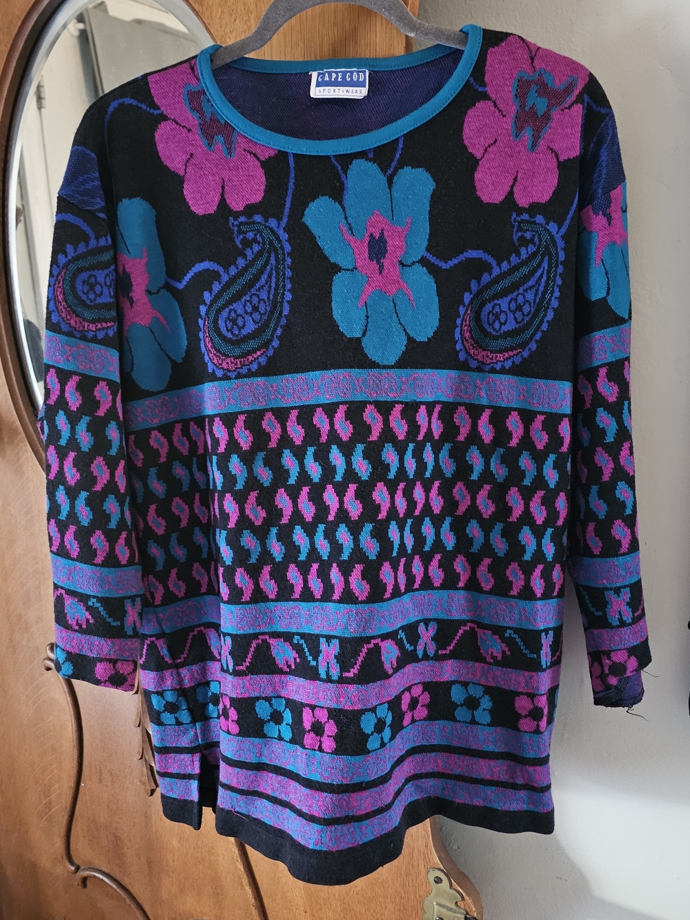Vintage Cape Cod Sportswear Floral Paisley Knit Sweater 80s 90s Oversized